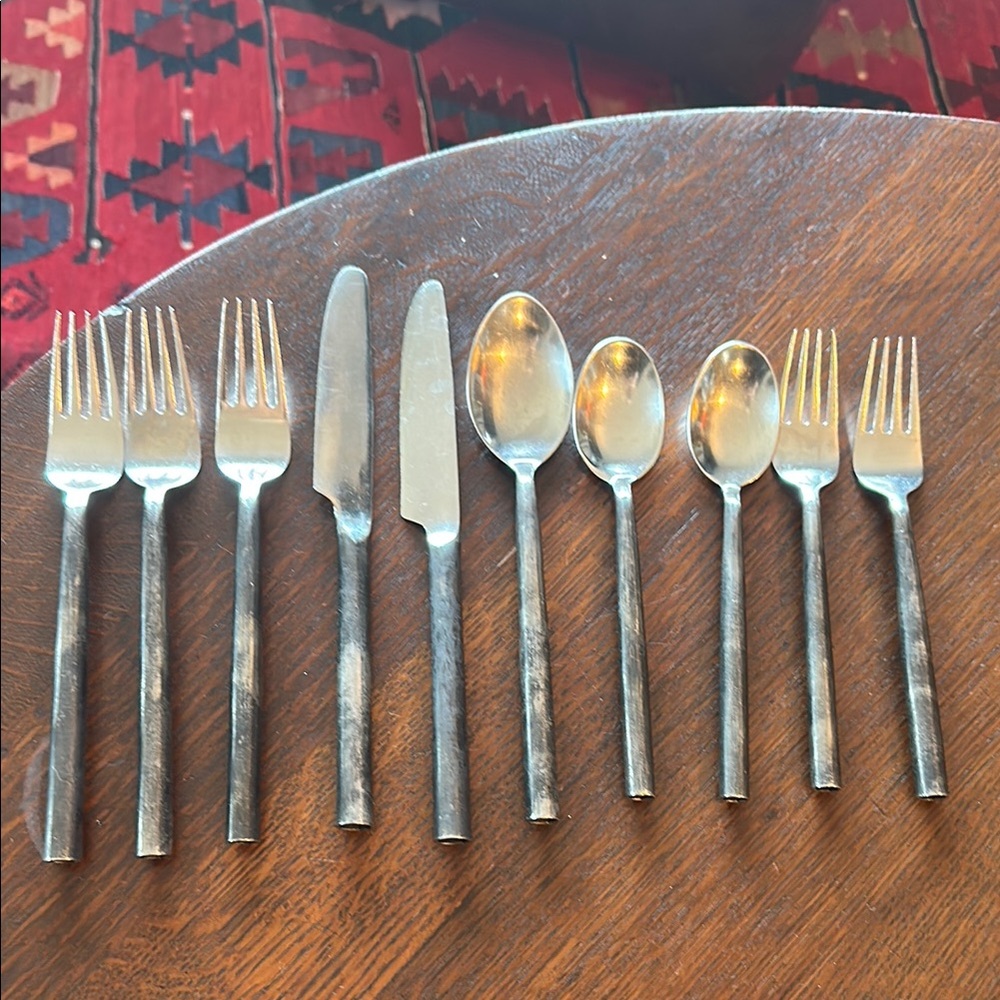 10 piece rustic burnished flatware bundle. Unique artisan silverware. Thailand